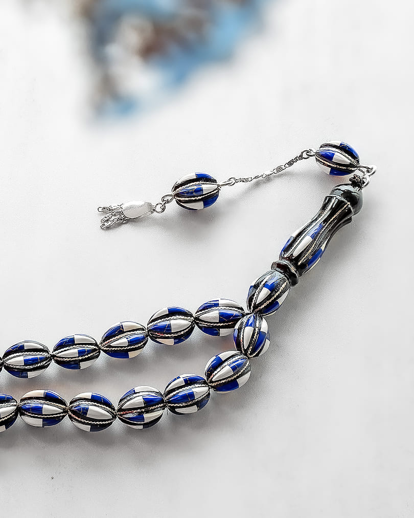 سبحة يسر فضة شبيه العاج واللازورد