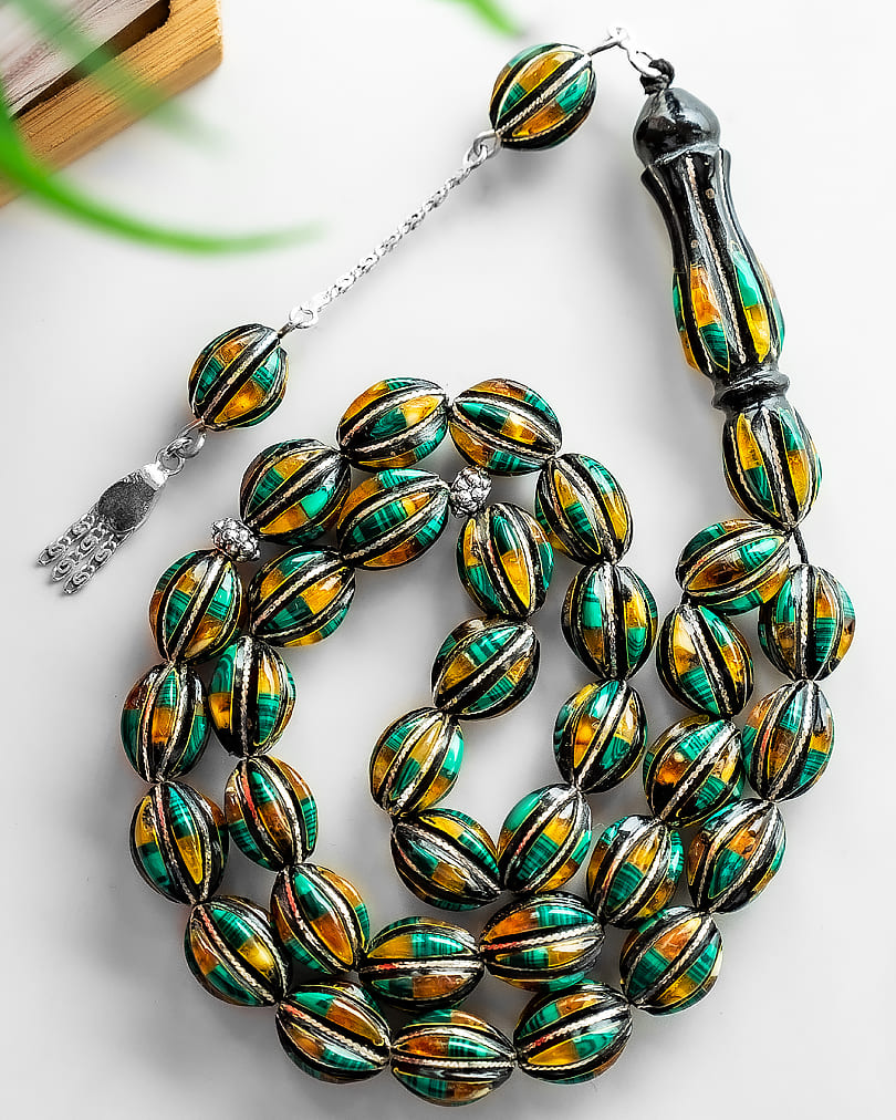 سبحة يسر فضة شبيه الكهرمان والملاكيت