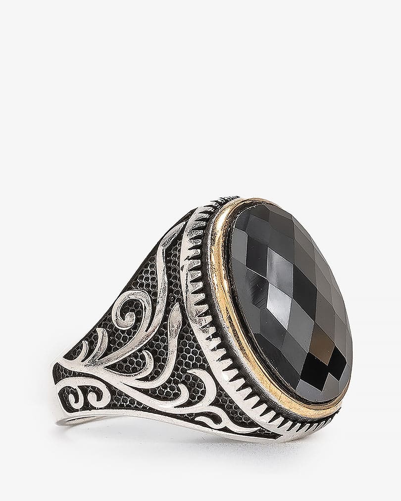 Agate black silver men ring RING011BK