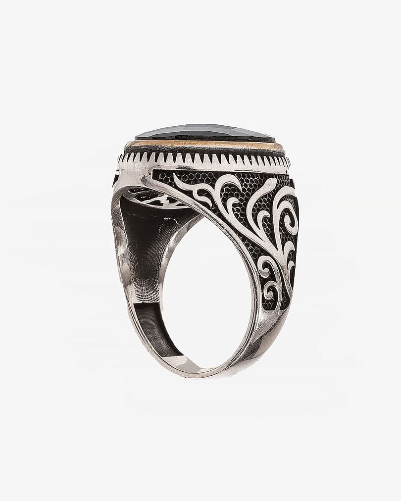 Agate black silver men ring RING011BK