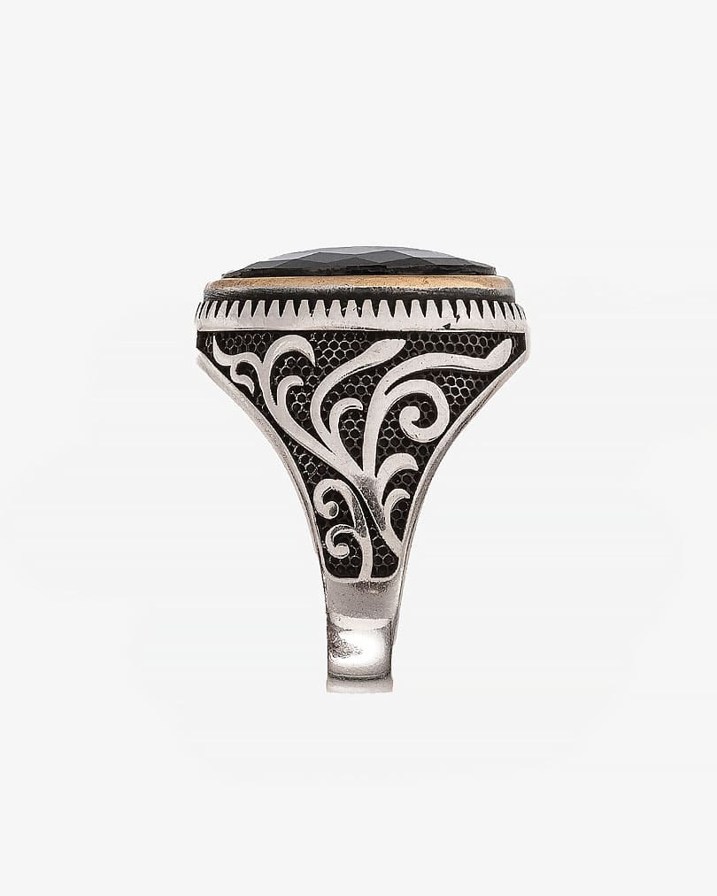 Agate black silver men ring RING011BK