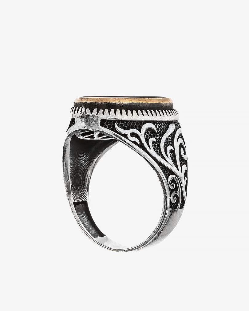 Agate black silver men ring RING012BK