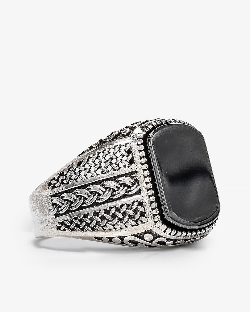 Agate black silver men ring RING027BK