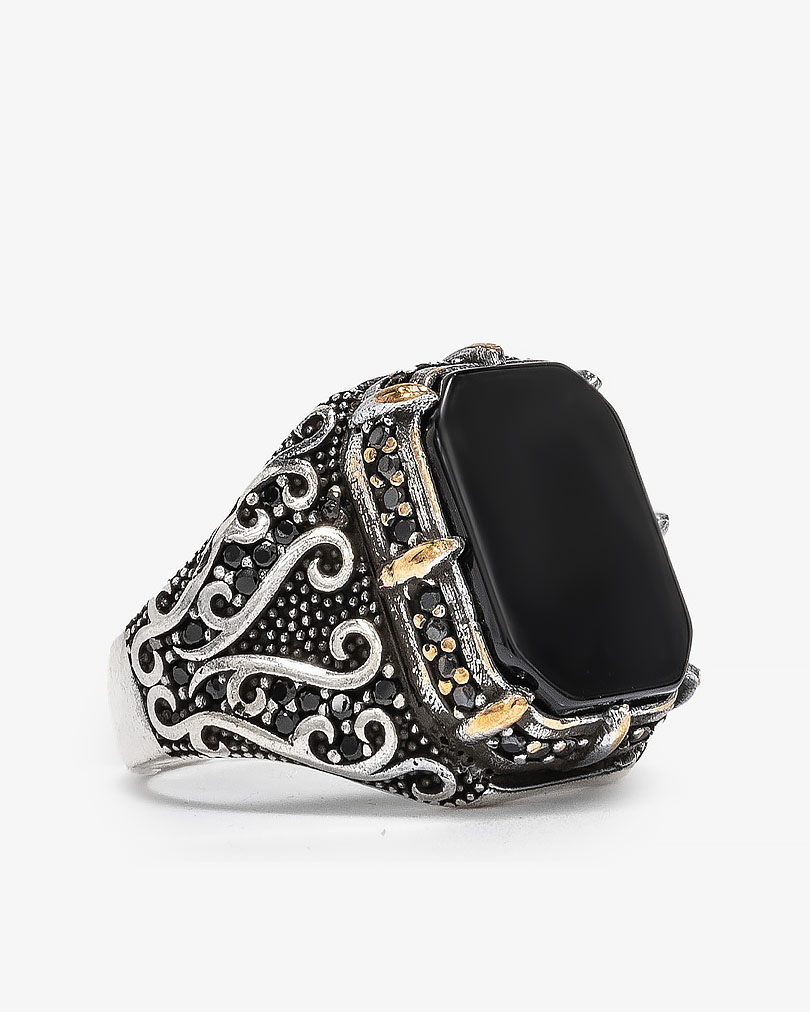 Agate Stone Silver Men Ring RING029BK