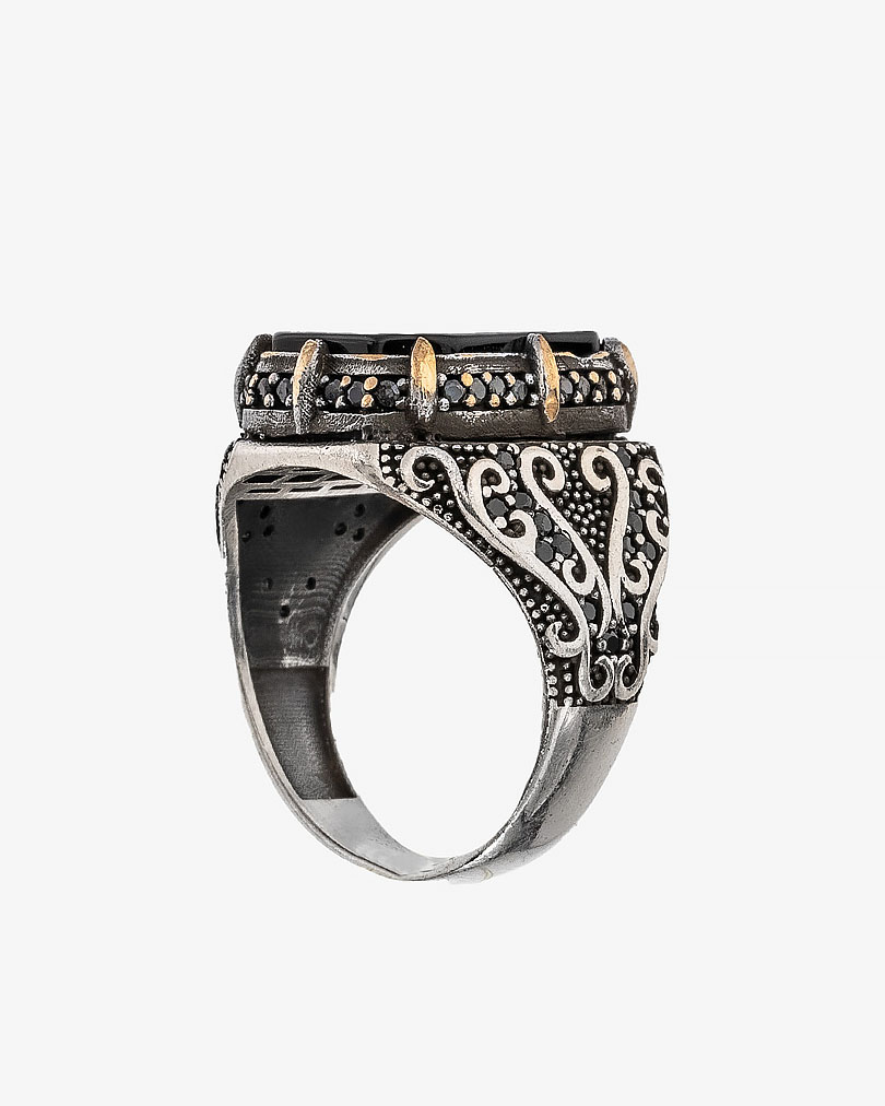 Agate Stone Silver Men Ring RING029BK