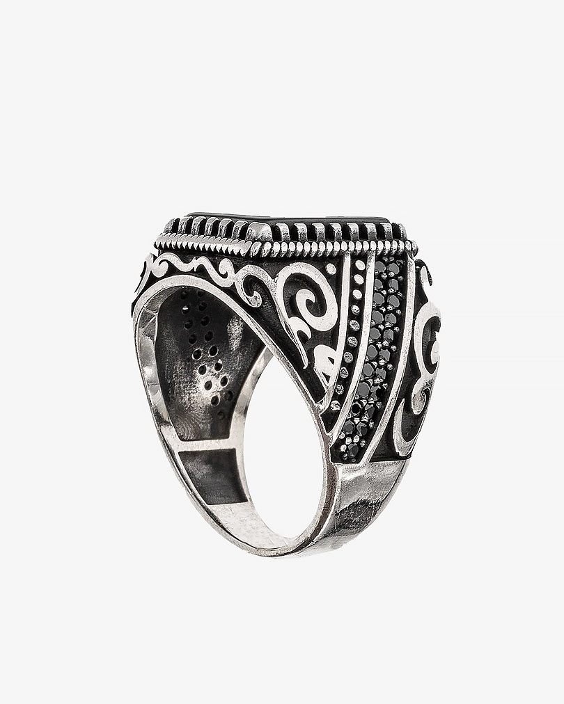 Agate black silver men ring RING006BK