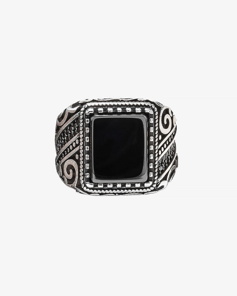 Agate black silver men ring RING006BK
