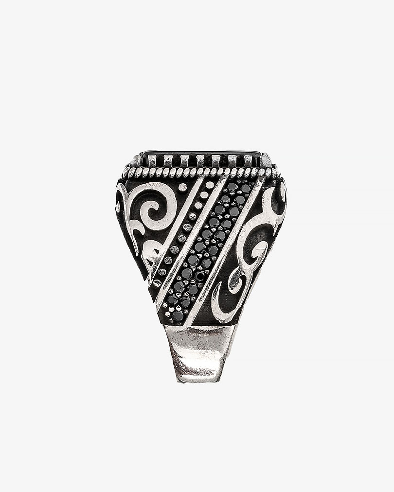 Agate black silver men ring RING006BK