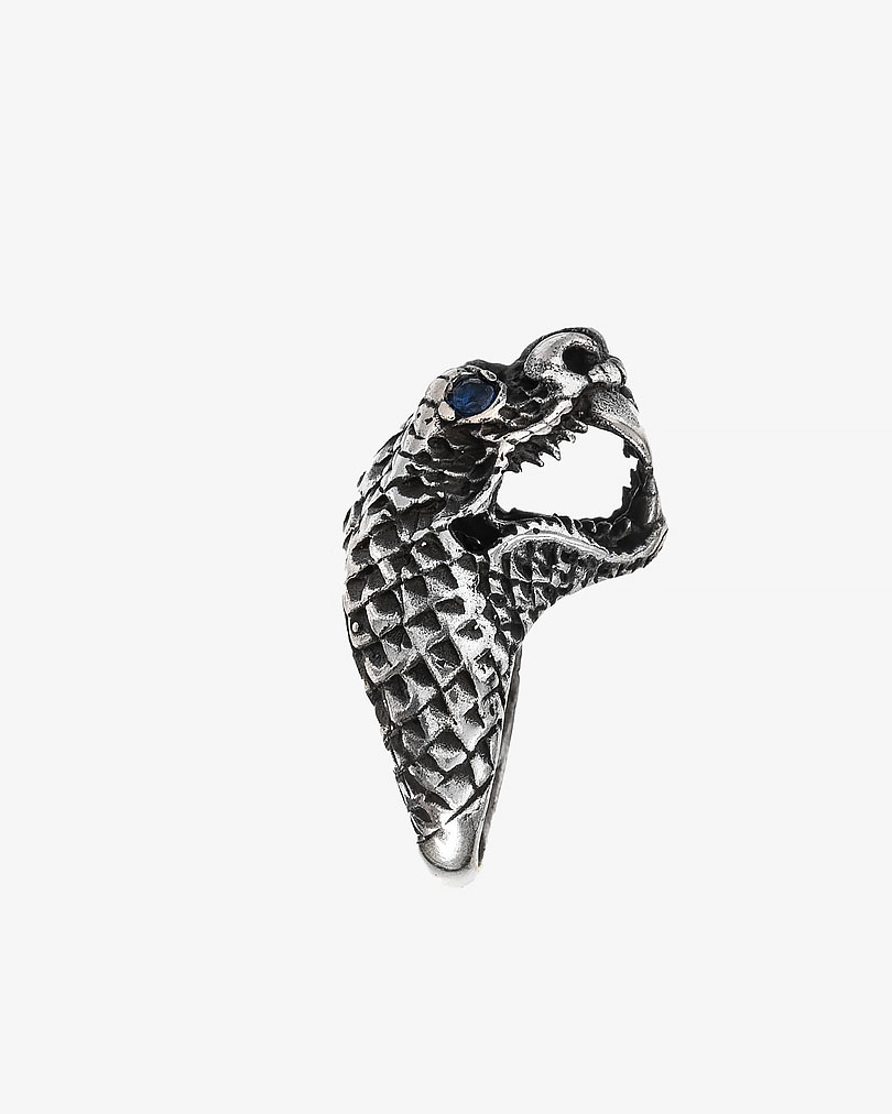 خاتم رجالي فضة نقش رأس الثعبان مرصع زركون أزرق