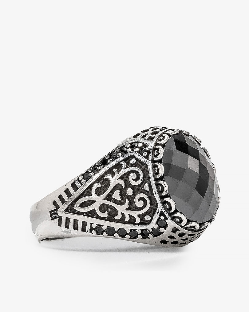 Agate black silver men ring RING038BK