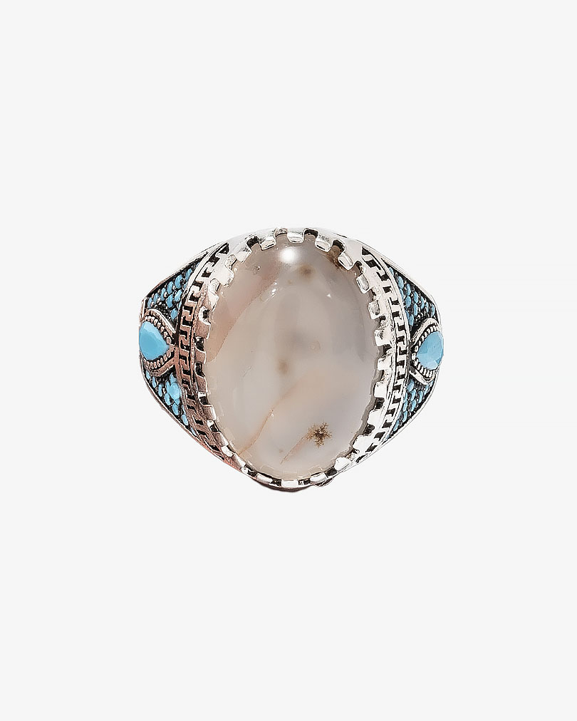 Agate Stone Silver Men Ring RING036WH