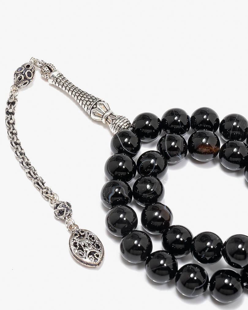 سبحة فضة حجر عقيق الاسود