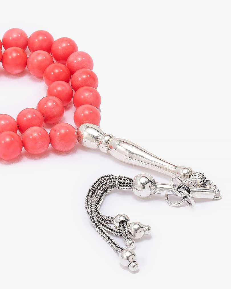 سبحة فضة حجر مرجان وردي