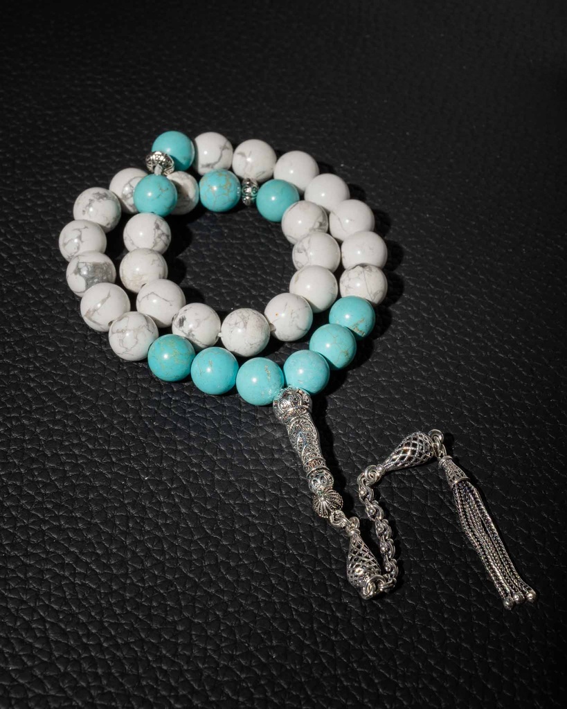 سبحة فضة حجر هولايت وفيروز طبيعي