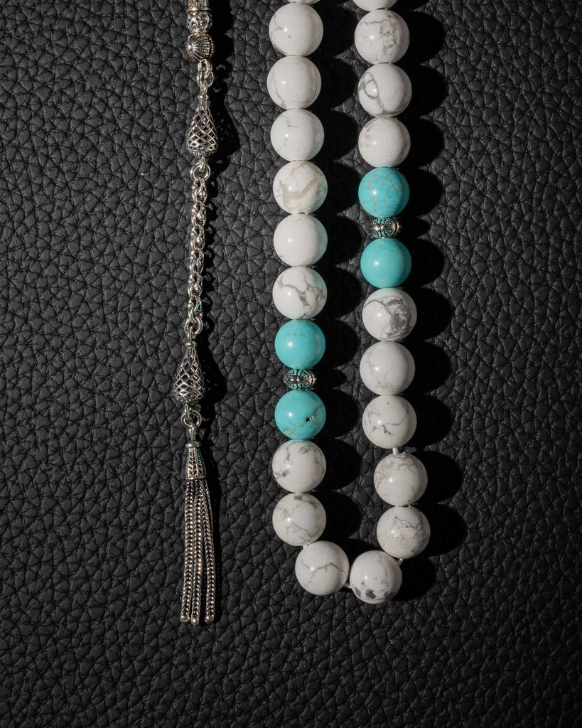 سبحة فضة حجر هولايت وفيروز طبيعي