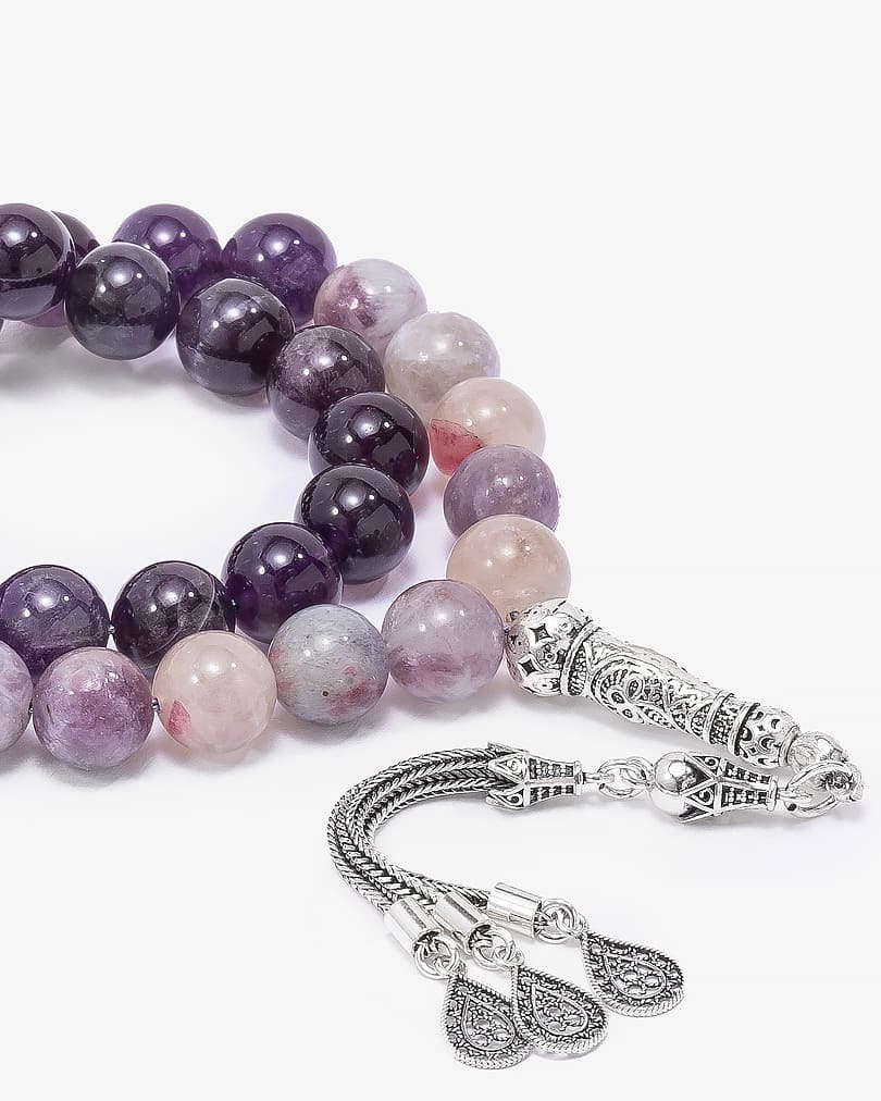 سبحة فضة حجر جمشت وتورمالين وردي