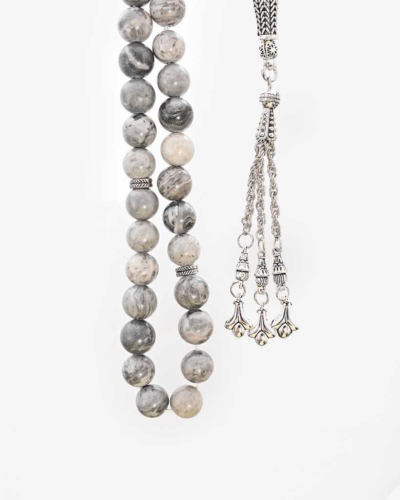سبحة حجر يشب رمادي بعروق