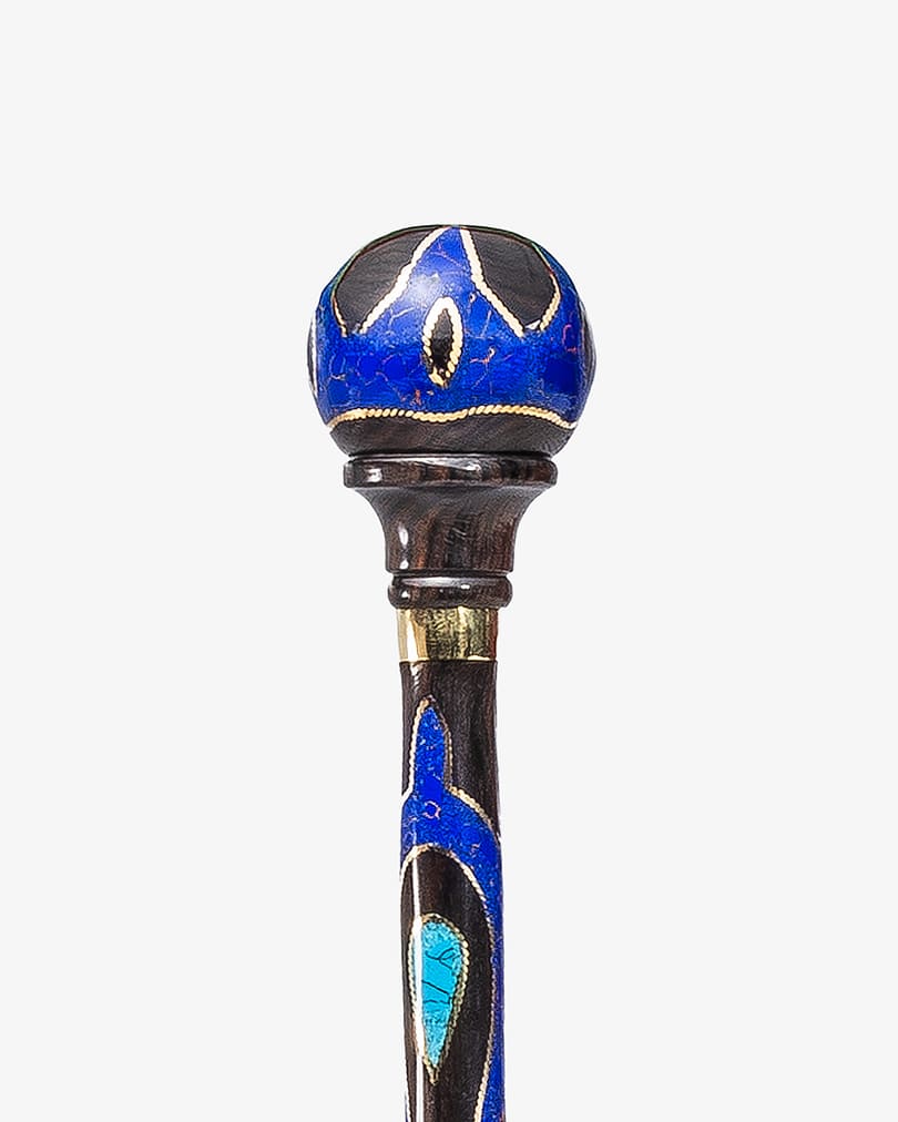 عصا عكاز خشبي مزين شبيه اللازورد والفيروز