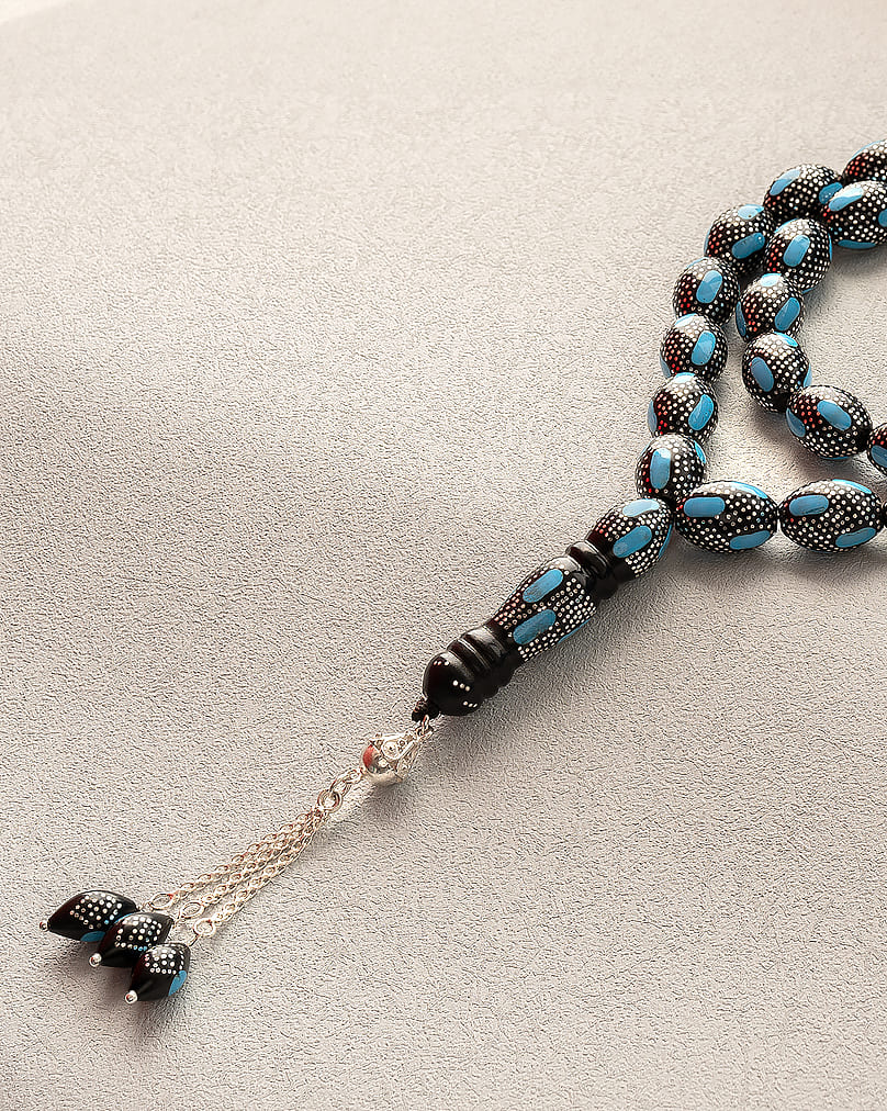 سبحة كوك طبيعي منقوش بفيروز وفضة خالصة