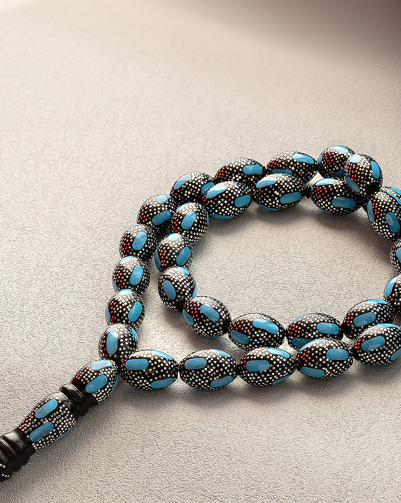 سبحة كوك طبيعي منقوش بفيروز وفضة خالصة