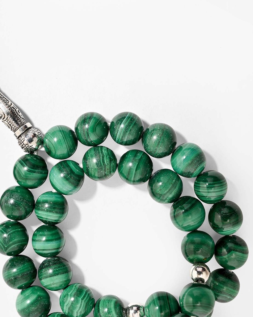سبحة فضة بحجر ملاكيت طبيعي فاخر
