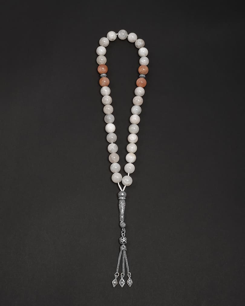 سبحة حجر جاد ابيض  وروز