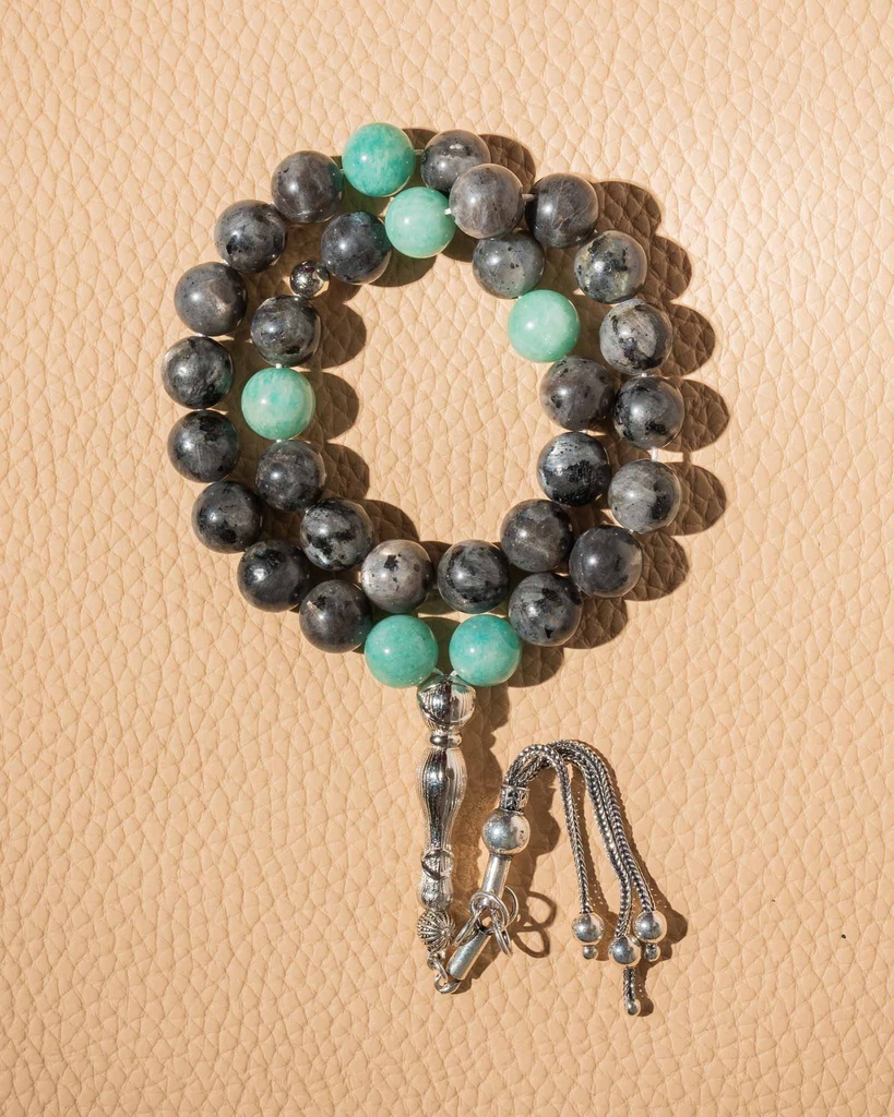 سبحة فضة حجر لابرادوريت واكوامارين