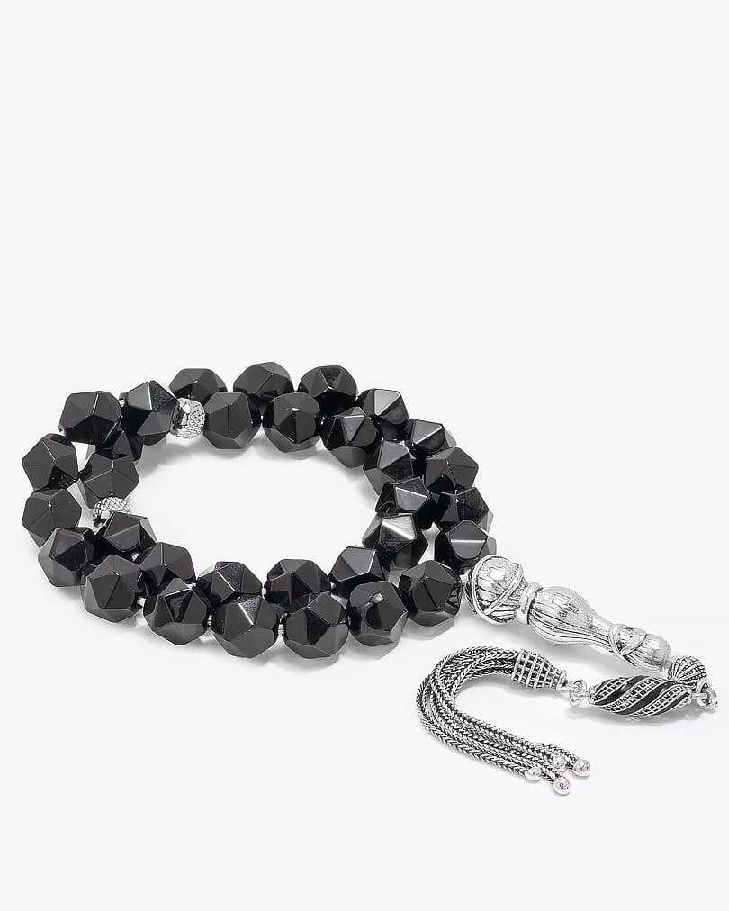 سبحة فضة حجر عقيق اسود لامع بقصة الاماس