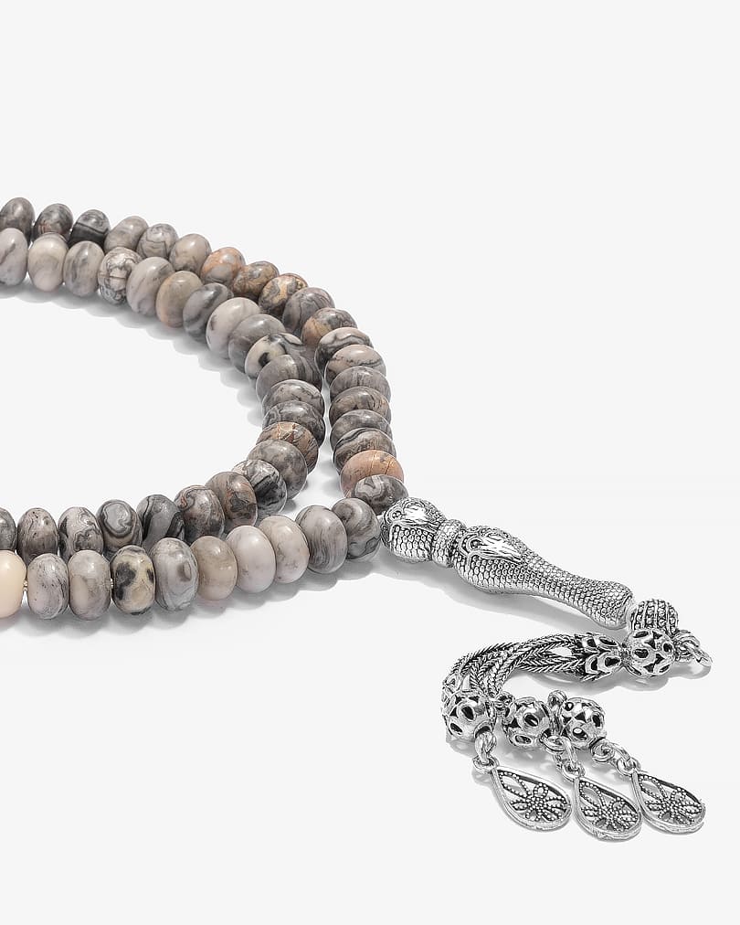 سبحة فضة حجر يشب رمادي 99 خرزة