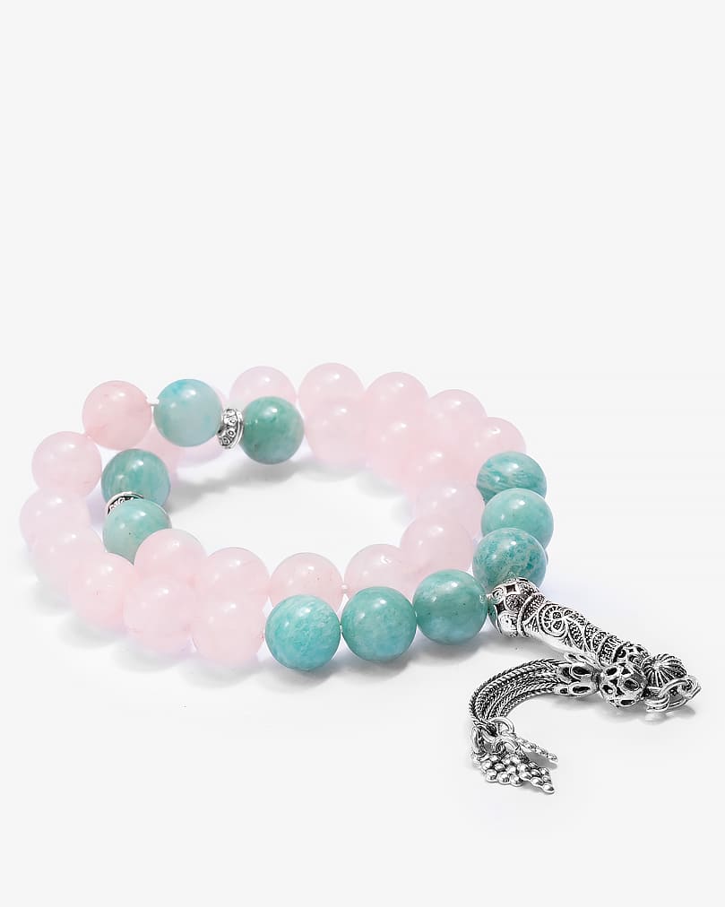 Silver rose quartz and natural aquamarine rosary ROS3109MC