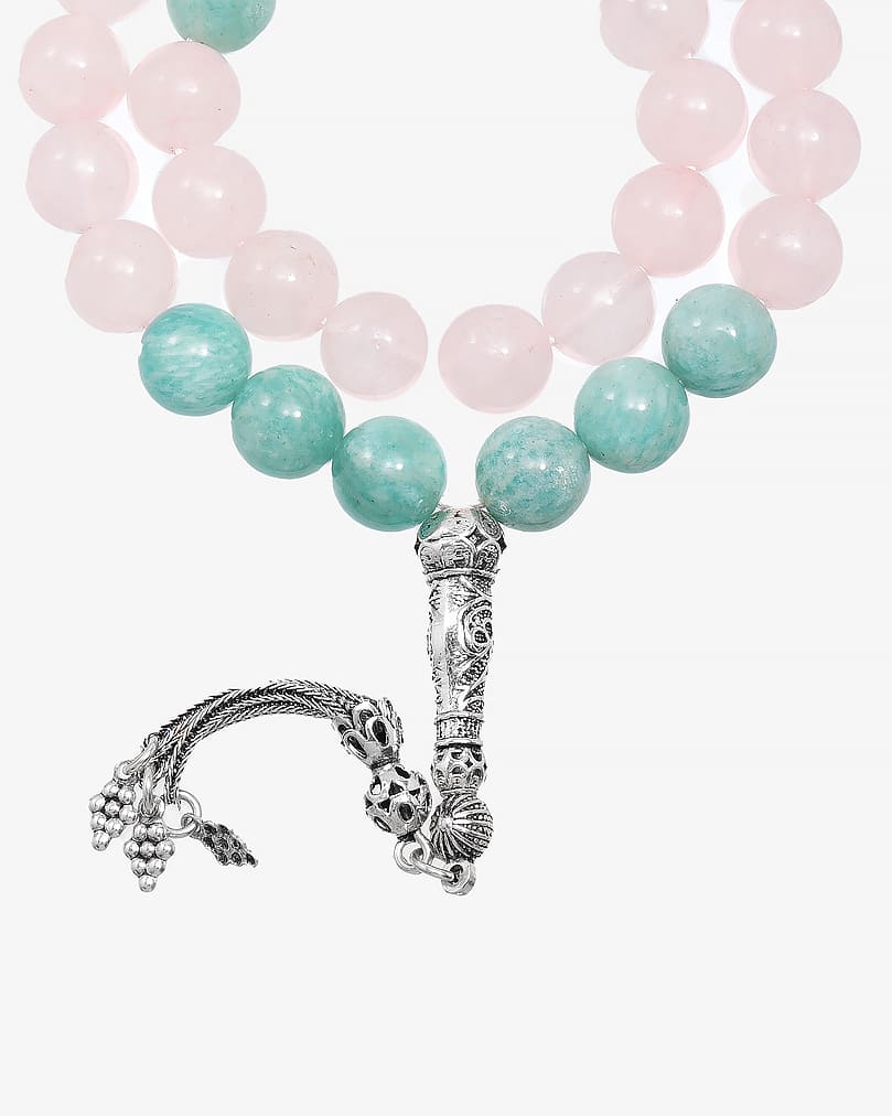 Silver rose quartz and natural aquamarine rosary ROS3109MC