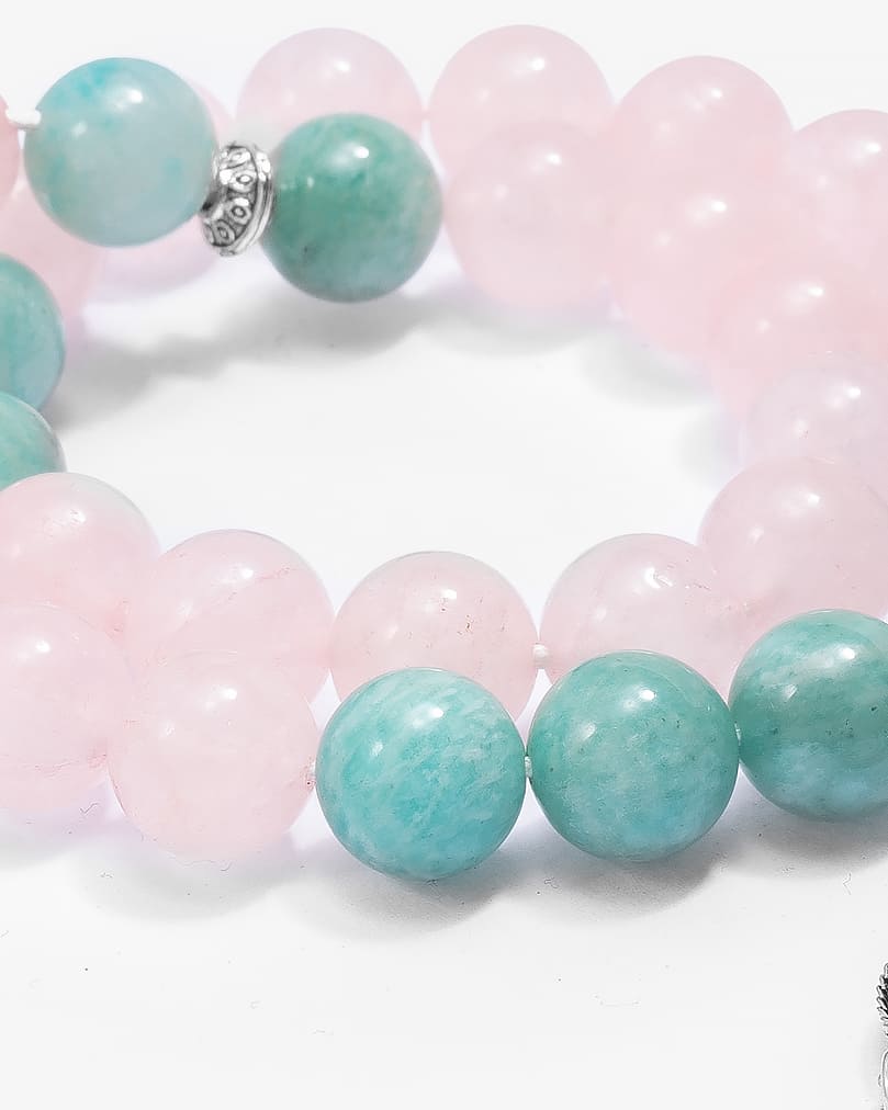 Silver rose quartz and natural aquamarine rosary ROS3109MC