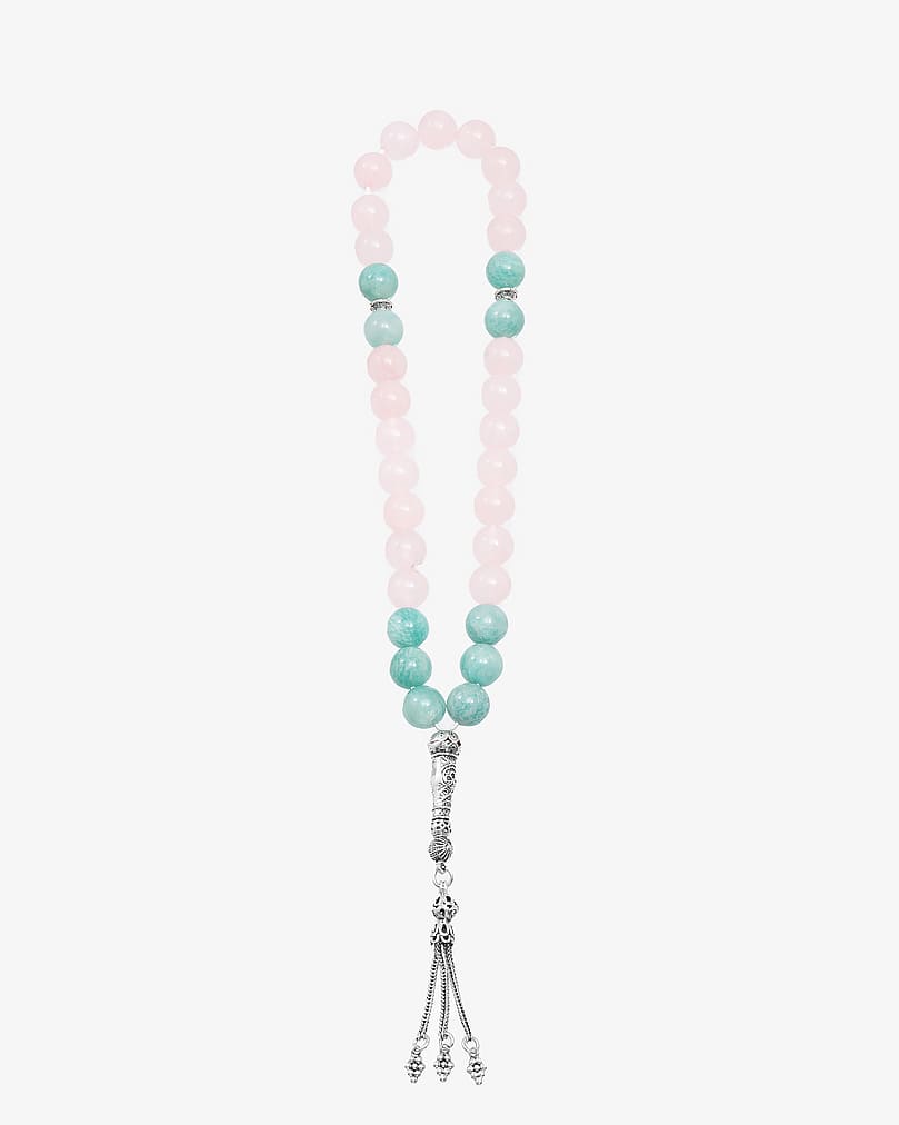 Silver rose quartz and natural aquamarine rosary ROS3109MC
