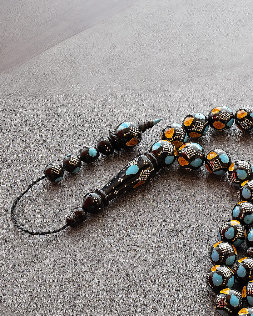 Kok rosary with silver engraving similar to amber and turquoise ROS5299MC
