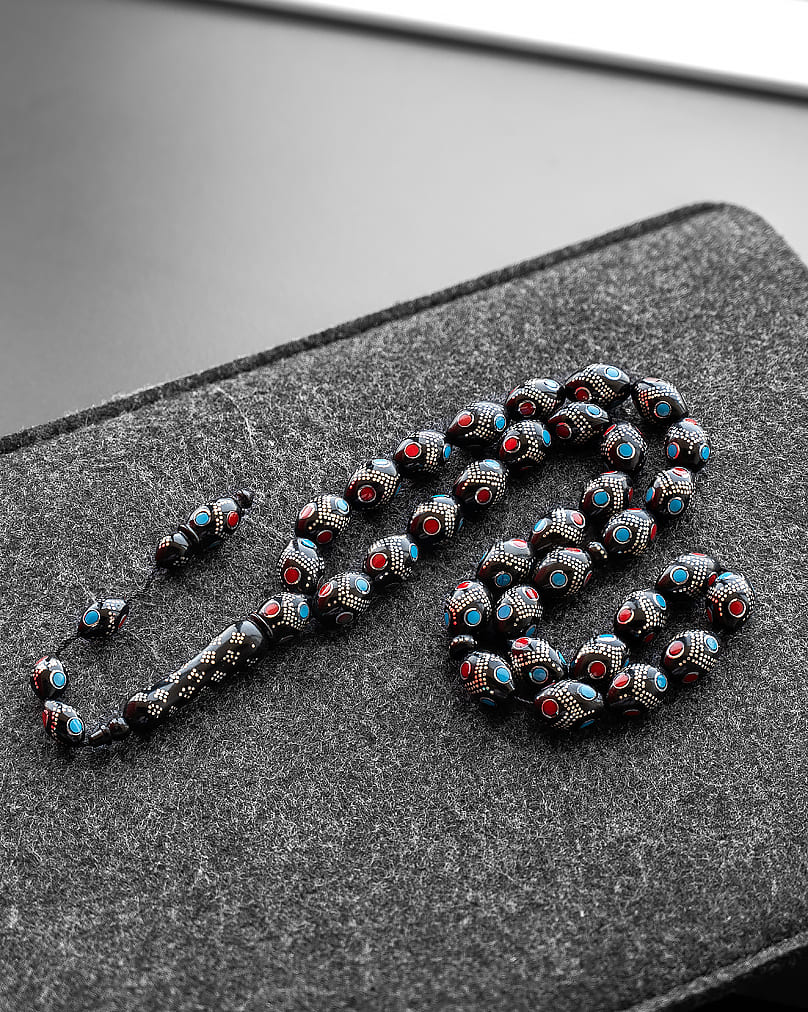Kok turquoise and coral rosary inlaid with silver ROS5291MC