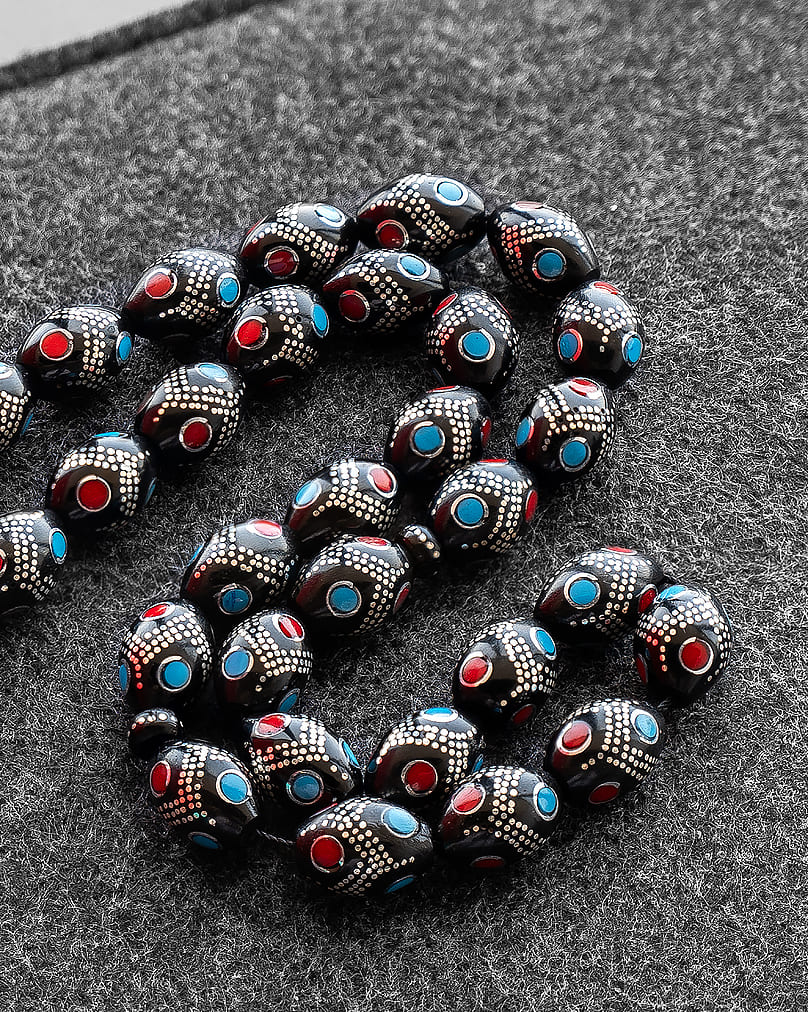 Kok turquoise and coral rosary inlaid with silver ROS5291MC