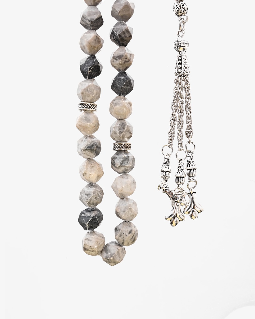 سبحة حجر يشب رمادي بعروق قصة الاماس