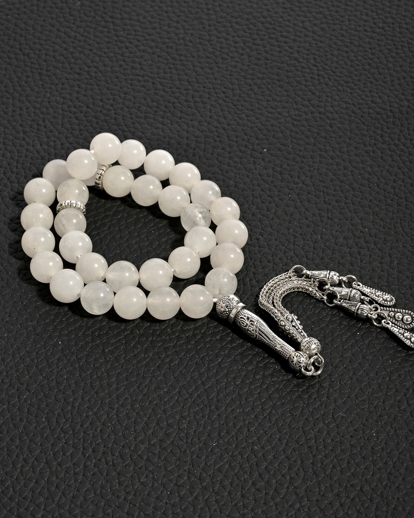 سبحة حجر جاد ابيض طبيعي