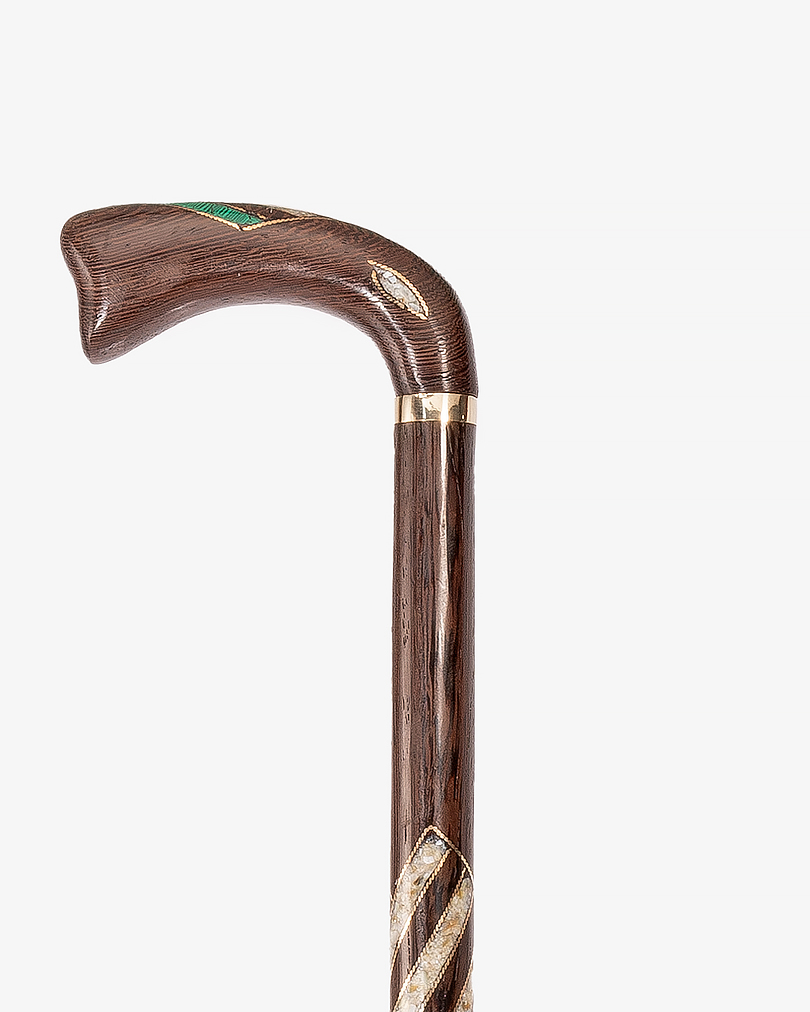 عصا عكاز مزين صدف وملاكيت خشب فينجي طبيعي