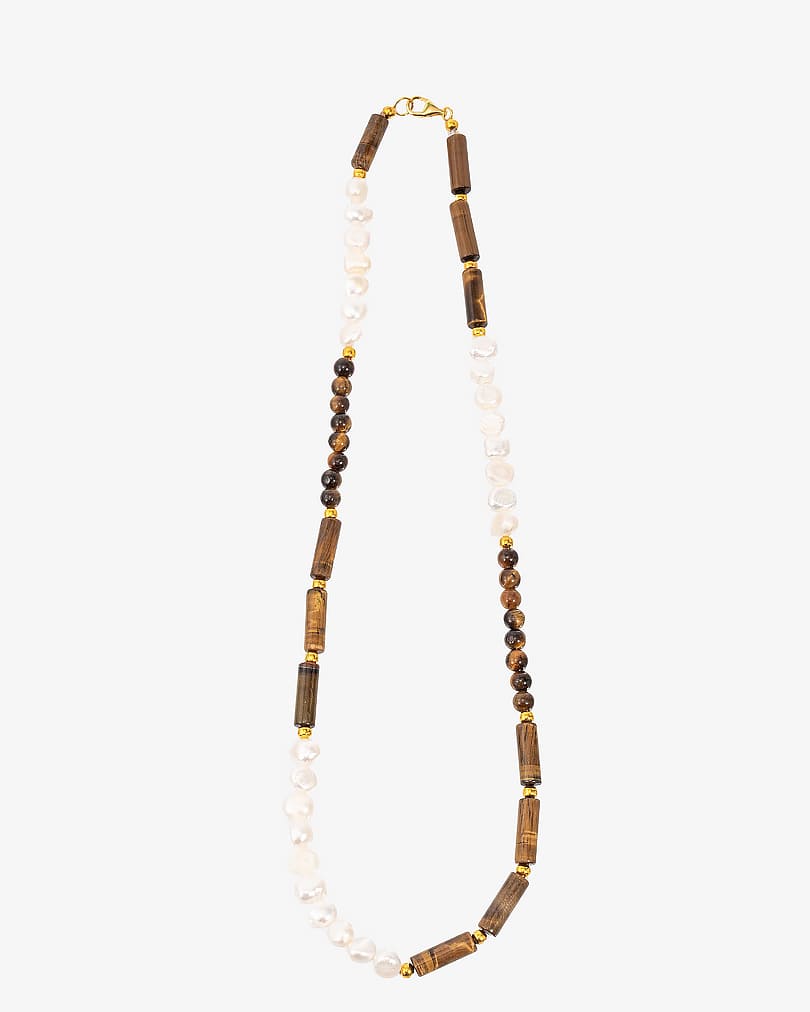 Women's necklace with tiger's eye stone and pearls WNEC219BN
