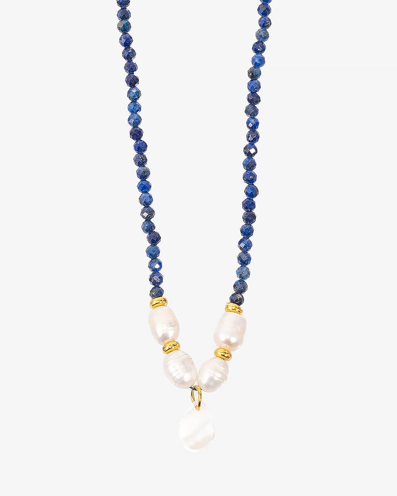 Women's necklace with lapis lazuli, pearls and seashells WNEC218BL