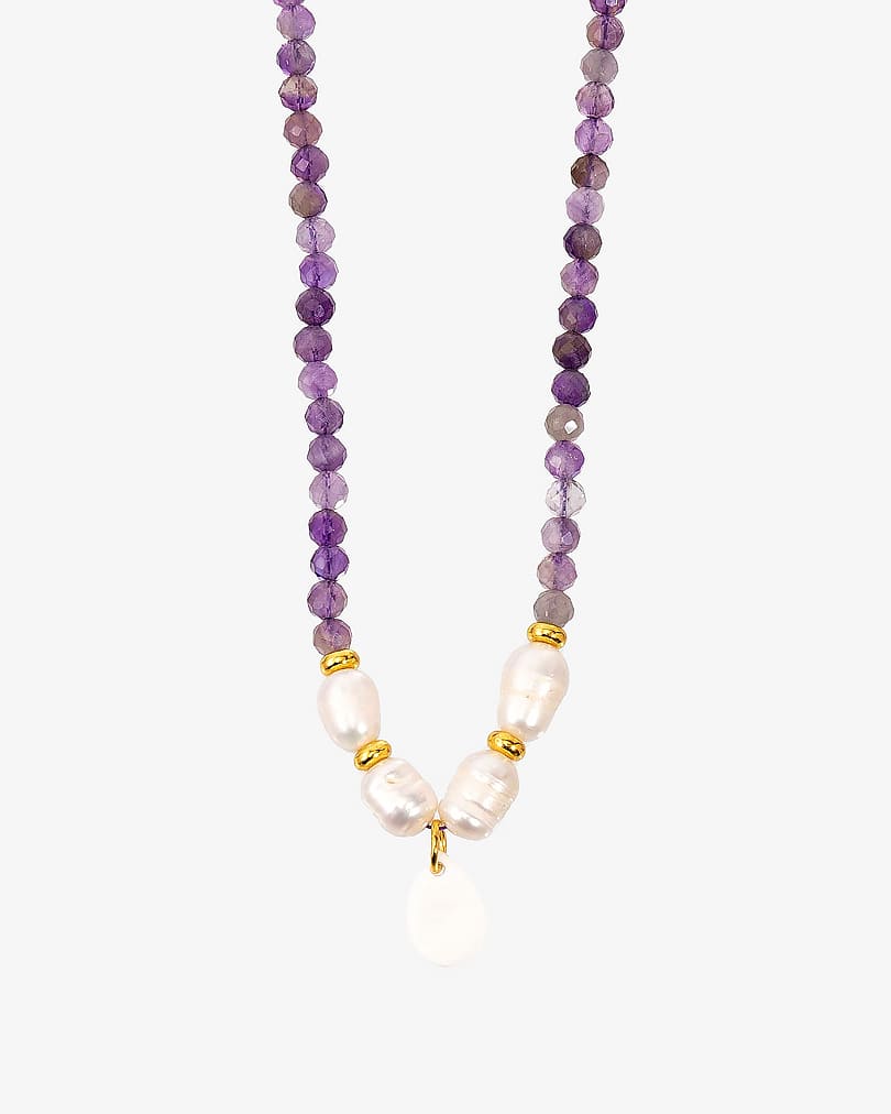 Women's necklace with amethyst stone, pearls and seashells WNEC217PR