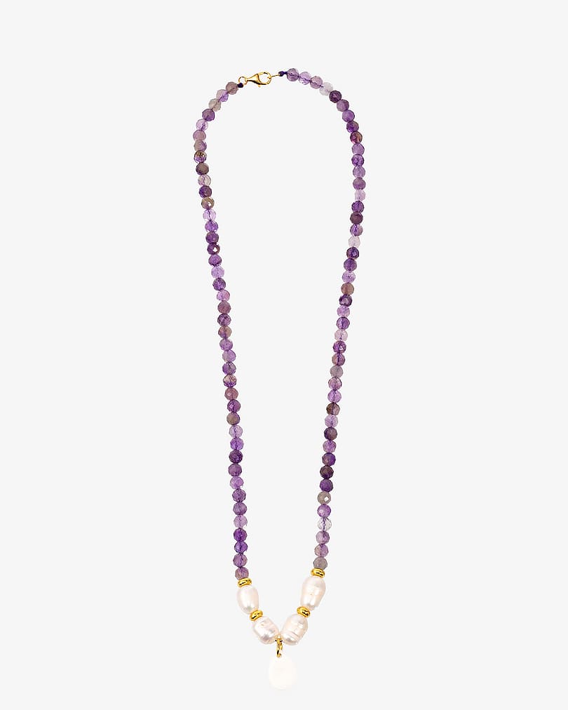 Women's necklace with amethyst stone, pearls and seashells WNEC217PR