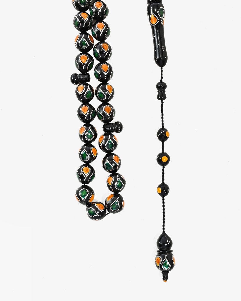 Amber-like and malachite-inlaid Kok rosary in silver ROS5414MC