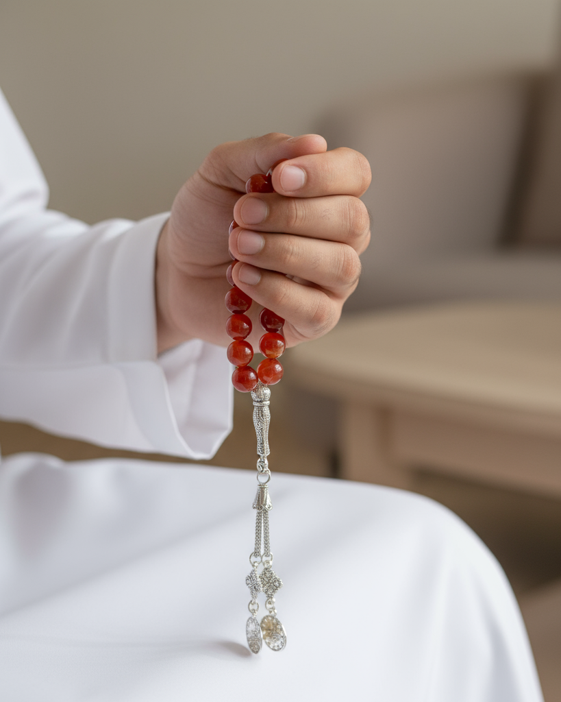 سبحة عقيق طبيعي بعروق بلون جملي