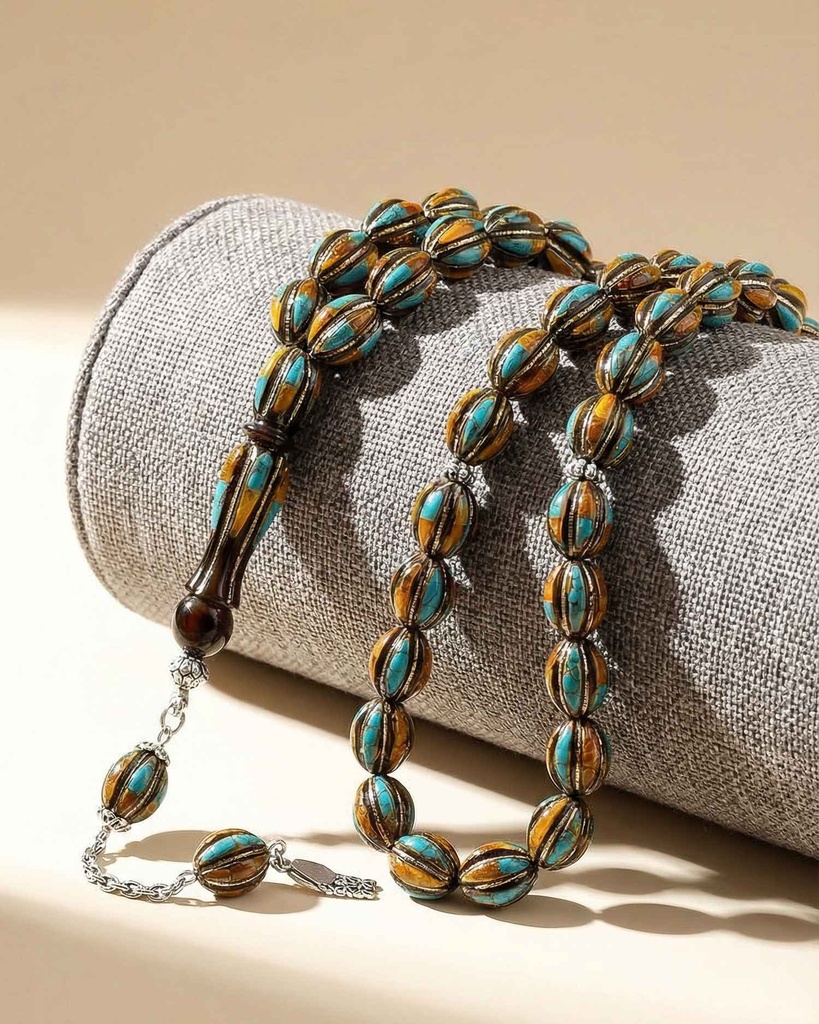 سبحة فضة يسر شبيه الفيروز والكهرمان