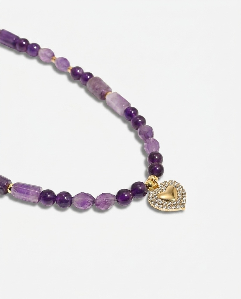 Natural Amethyst Beaded Necklace with Gold Heart Pendant