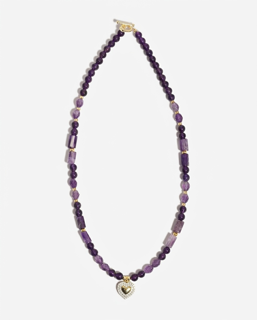 Natural Amethyst Beaded Necklace with Gold Heart Pendant