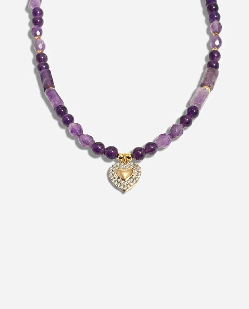 Natural Amethyst Beaded Necklace with Gold Heart Pendant
