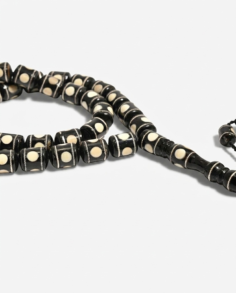 Yusr Wood Prayer Beads with Ivory and Silver Inlay 33 Beads